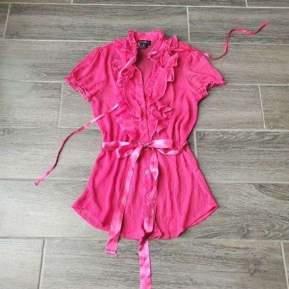 NWOT Dizzy Lizzy Fuchsia Pink Sheer Tie Neck Top w/ Ruffles & Ribbons - Picture 1 of 10